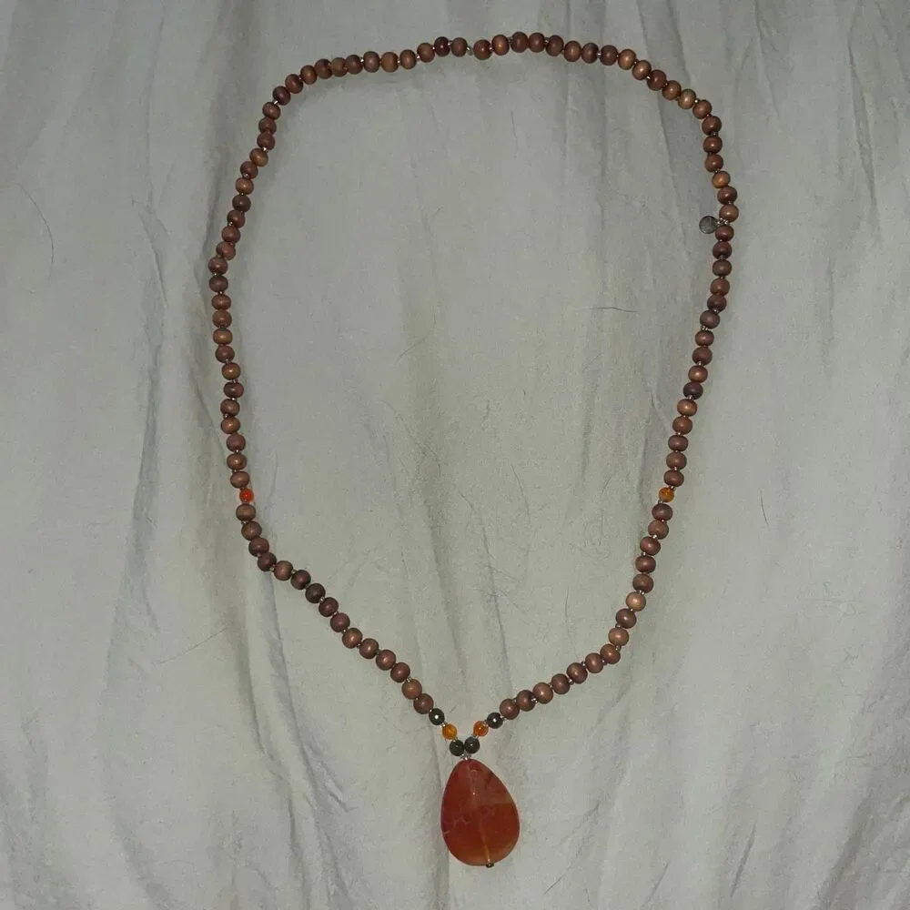 Wooden Bead Necklace Teardrop Pendant Brown Red One Size